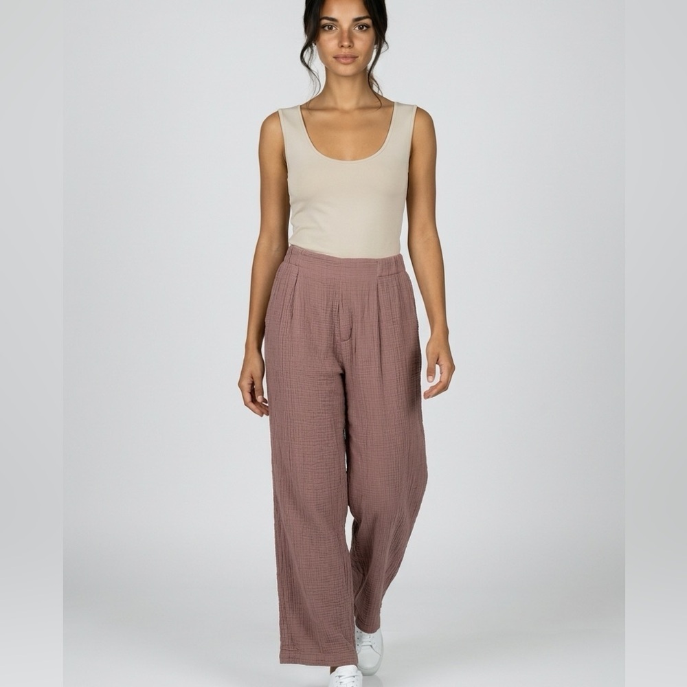 NWT Hello Nite Women Brown Cinched Waist Gauzy Cotton Muslin Casual Pants - M
